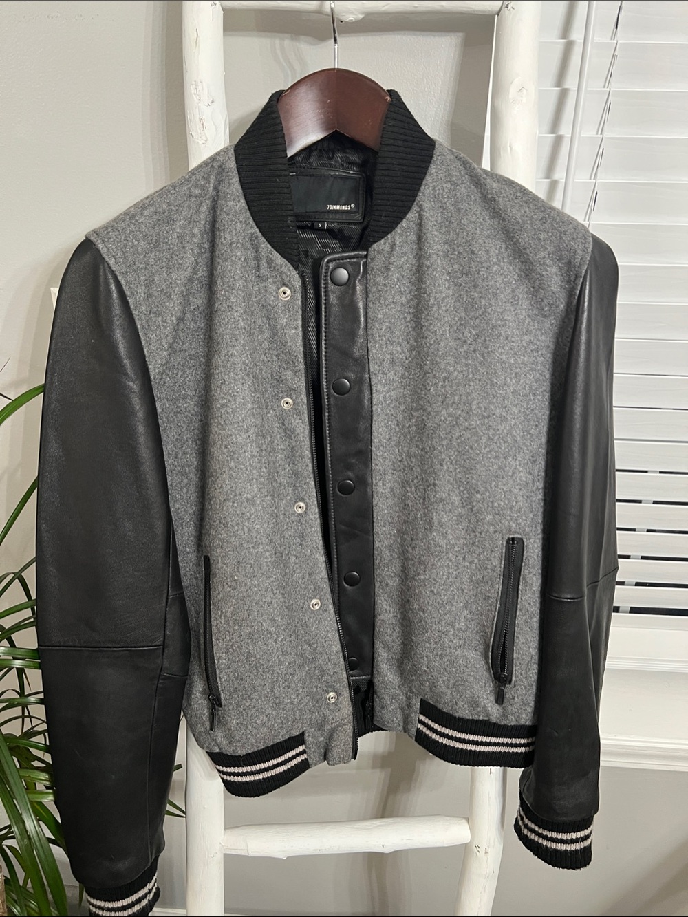 7 Diamonds Gray Wool and Black Leather Varsity Jacket